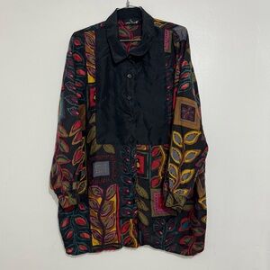 Vintage Carole Little Silk Shirt Women Size L Unique Pattern Button Down